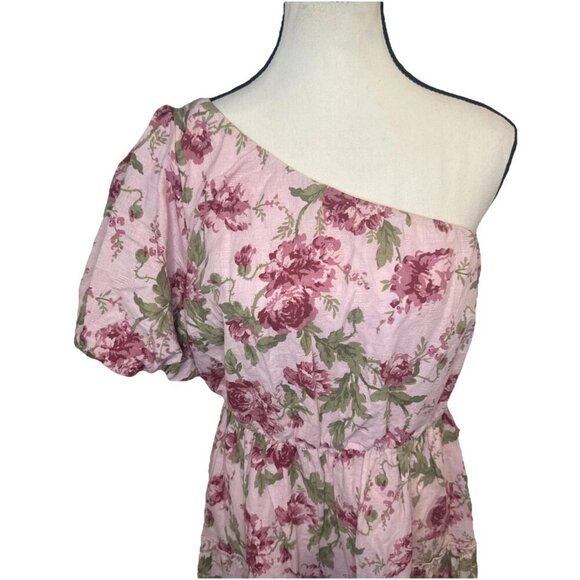 SHOW ME YOUR MUMU Deluca Pink Floral One Shoulder Linen Blend Tiered Dress Sz XL - Picture 2 of 9